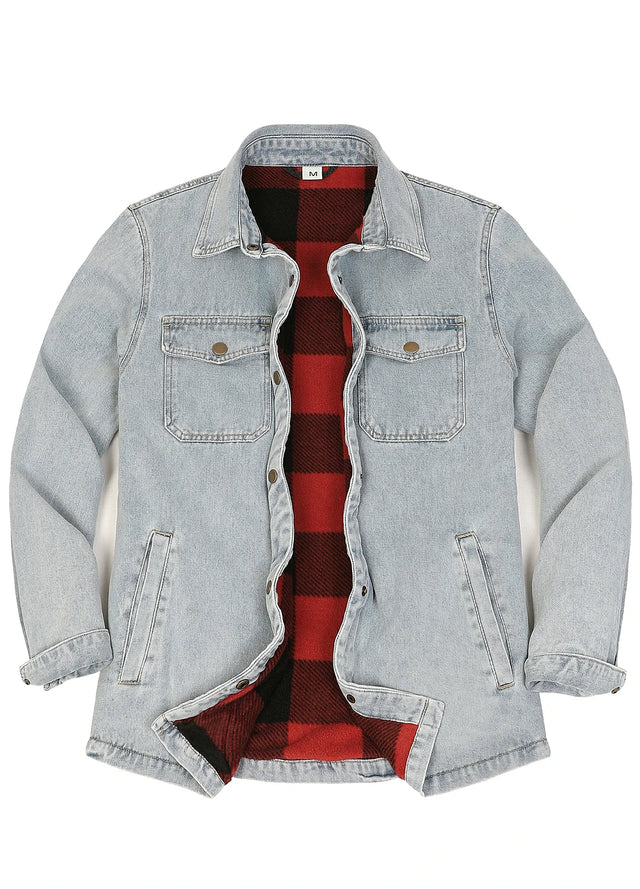 A light-wash denim overshirt jacket with a red and black buffalo plaid flannel shirt underneath, displayed flat against a white background.