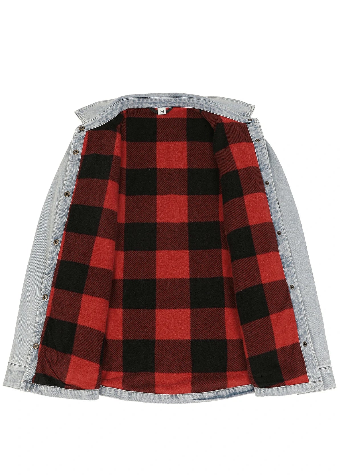 A denim button-up shirt jacket with a red and black buffalo plaid lining, displayed flat against a white background.