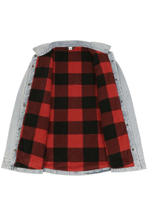 A denim button-up shirt jacket with a red and black buffalo plaid lining, displayed flat against a white background.