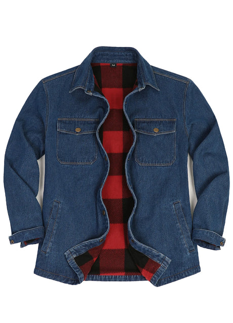 Front view of blue women's classic fleece lined denim shirt jacket-XR8528LS-S,XR8528LS-M,XR8528LS-L,XR8528LS-XL,XR8528LS-XXL