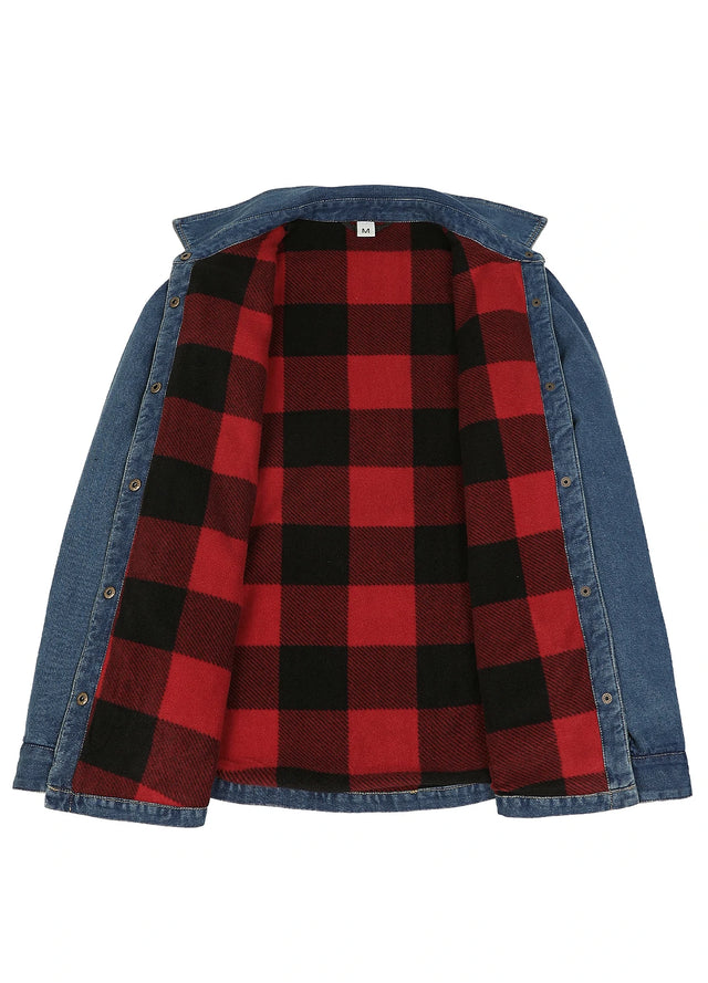 Front view of the lining of a vintage blue women's classic fleece lined denim shirt jacket-XR8528FGL-S,XR8528FGL-M,XR8528FGL-L,XR8528FGL-XL,XR8528FGL-XXL