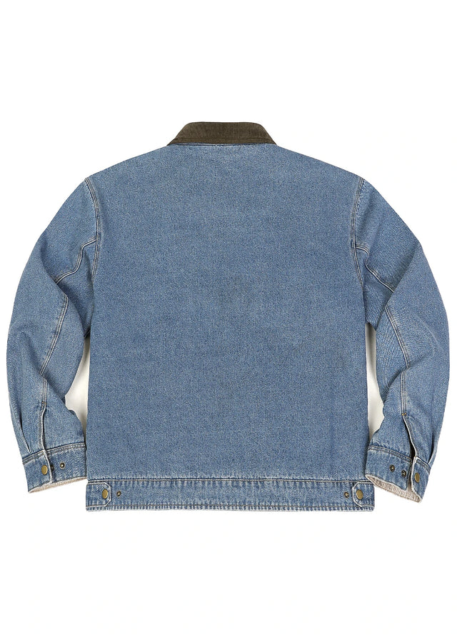 Back view of a blue denim jacket with a dark brown corduroy collar-XR8539LS-S,XR8539LS-M,XR8539LS-L,XR8539LS-XL,XR8539LS-XXL
