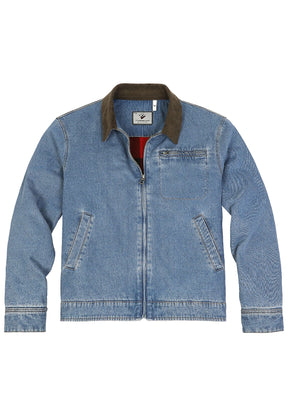 Front view of a blue denim jacket with a dark brown corduroy collar-XR8539LS-S,XR8539LS-M,XR8539LS-L,XR8539LS-XL,XR8539LS-XXL