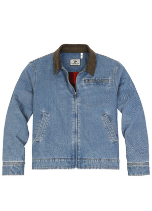 Front view of a blue denim jacket with a dark brown corduroy collar-XR8539LS-S,XR8539LS-M,XR8539LS-L,XR8539LS-XL,XR8539LS-XXL