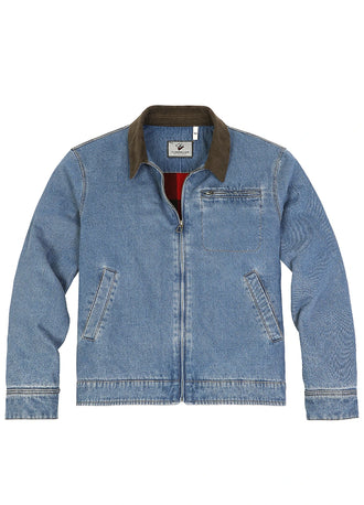 Front view of a blue denim jacket with a dark brown corduroy collar-XR8539LS-S,XR8539LS-M,XR8539LS-L,XR8539LS-XL,XR8539LS-XXL