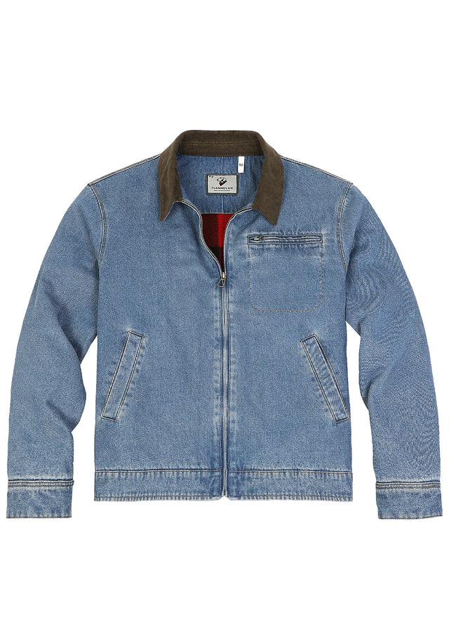 Front view of a blue denim jacket with a dark brown corduroy collar-XR8539LS-S,XR8539LS-M,XR8539LS-L,XR8539LS-XL,XR8539LS-XXL