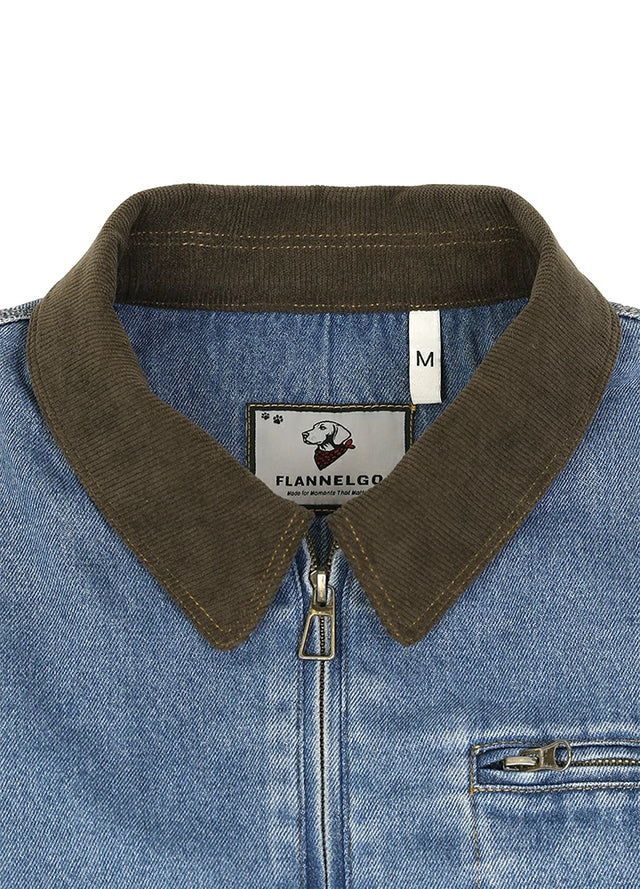 Close up of the lapel of a blue denim jacket with a dark brown corduroy collar-XR8539LS-S,XR8539LS-M,XR8539LS-L,XR8539LS-XL,XR8539LS-XXL