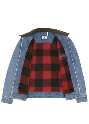 Front view of the lining of a blue denim jacket with a dark brown corduroy collar-XR8539LS-S,XR8539LS-M,XR8539LS-L,XR8539LS-XL,XR8539LS-XXL