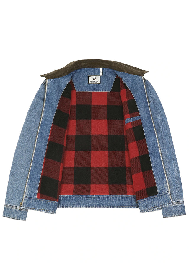 Front view of the lining of a blue denim jacket with a dark brown corduroy collar-XR8539LS-S,XR8539LS-M,XR8539LS-L,XR8539LS-XL,XR8539LS-XXL