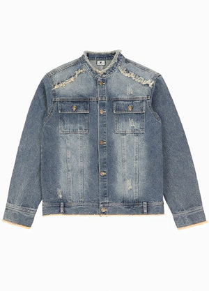 Aged Washed Raw-Edge Collar Denim Jacket