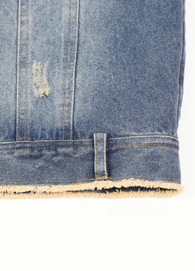 Aged Washed Raw-Edge Collar Denim Jacket