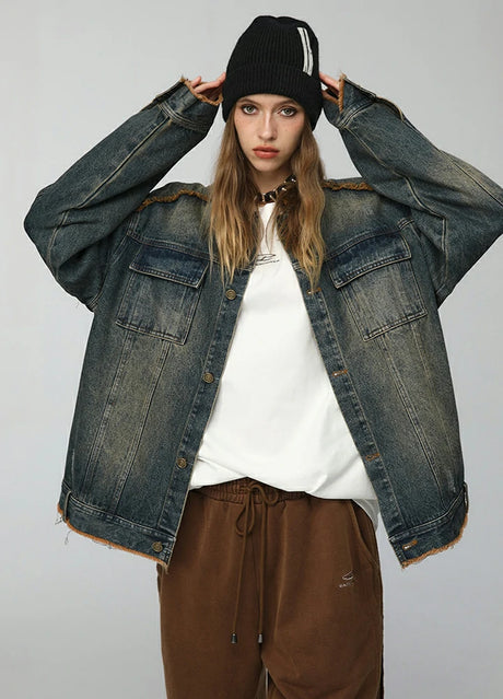 Aged Washed Raw-Edge Collar Denim Jacket