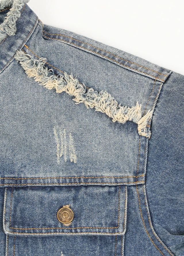 Aged Washed Raw-Edge Collar Denim Jacket