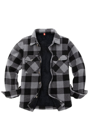 Front view of girls grey fleece flannel shirt jacket