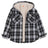 Front view of boys black grey white flannel shirt jacket