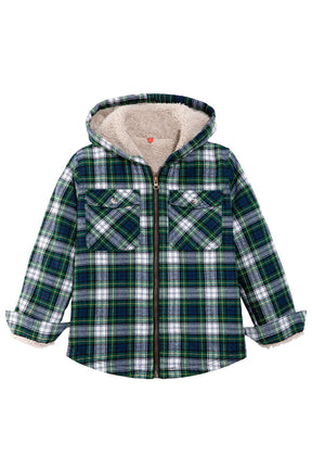 Front view of boys ivory green flannel jacket