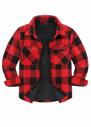 Front view of boys red buffalo plaid shirt jacket