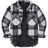 Front view of boys black/grey buffalo plaid shirt jacket