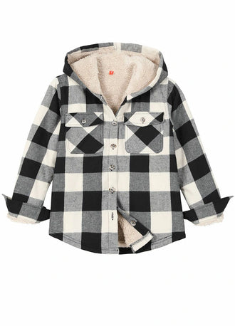 Front view of boys black black beige flannel jacket for ourdoor