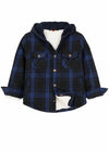 Front view of dark blue black toddler sherpa lined snap flannel hoodie