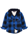 Front view of blue and black toddler sherpa lined snap flannel hoodie