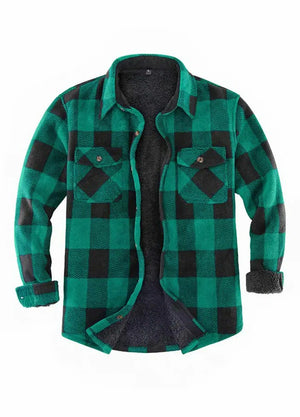 Front view of green men's sherpa lined shacket