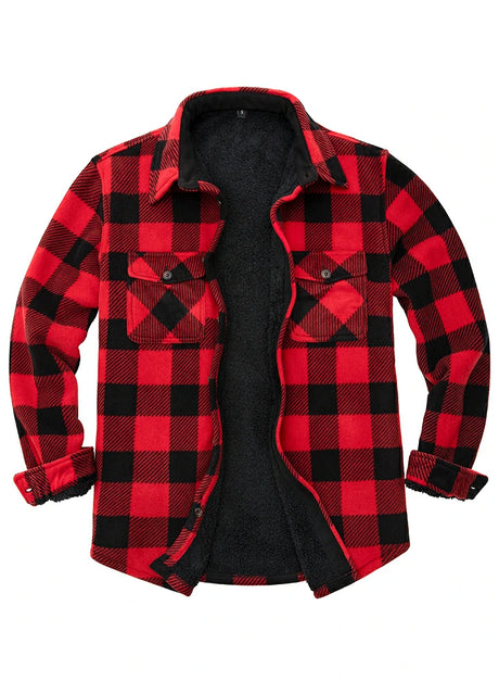 Front view of red men's plaid sherpa lined shirt jacket
