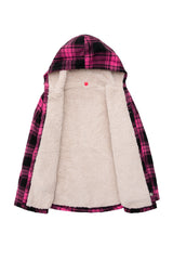 Detail of kids pink plaid flannel jacket with sherpa lining