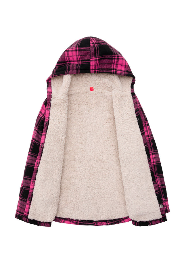 Detail of kids pink plaid flannel jacket with sherpa lining