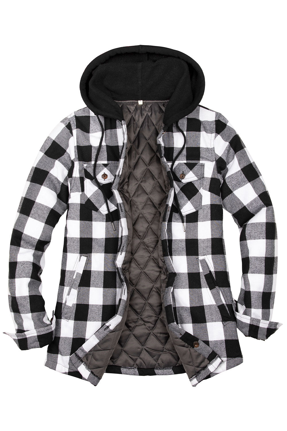 Women's Quilted Lined Hooded Plaid Flannel Shirt Jacket with Hood