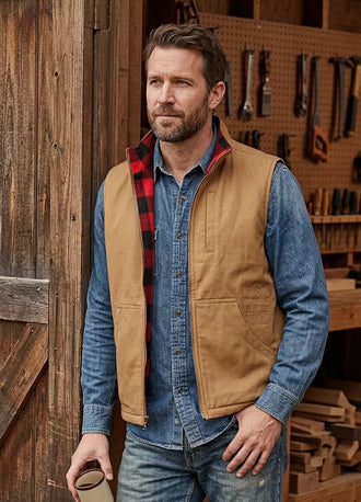 Product view of dark coffee men's reversible vest plaid fleece lined outdoor vests-XR603KF0S,XR603KF0M,XR603KF0L,XR603KF0XL,XR603KF0XXL