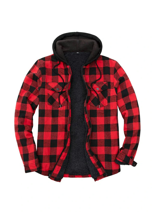 Front view of checkered red men's zipper flannel shirt jacket with hood 