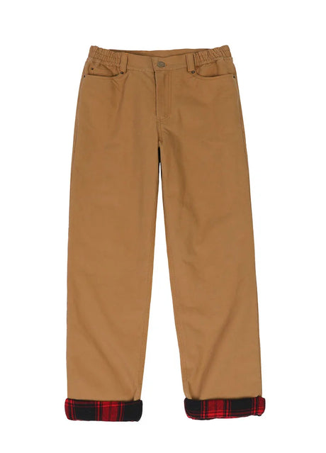 Front view of kid's khaki flannel lined pants with elastic waist