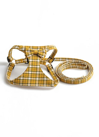 Product view of yellow dog鈥榮 bow-knot plaid harness leash set-XR0002YW-S,XR0002YW-M,XR0002YW-L