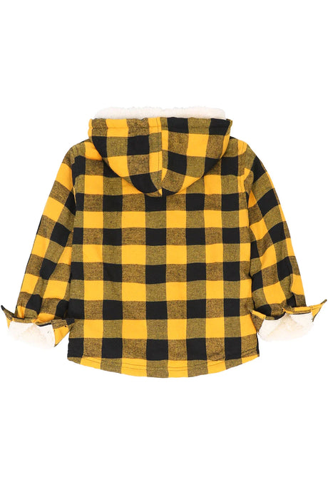 Back view of girls yellow black plaid flannel shirt jacket with hood