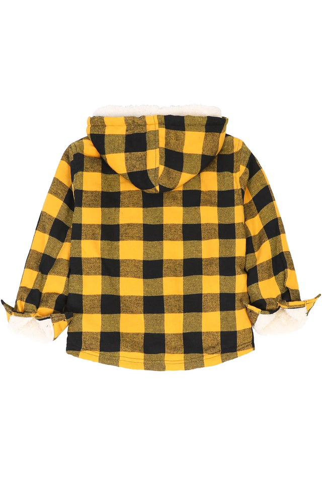Back view of girls yellow black plaid flannel shirt jacket with hood