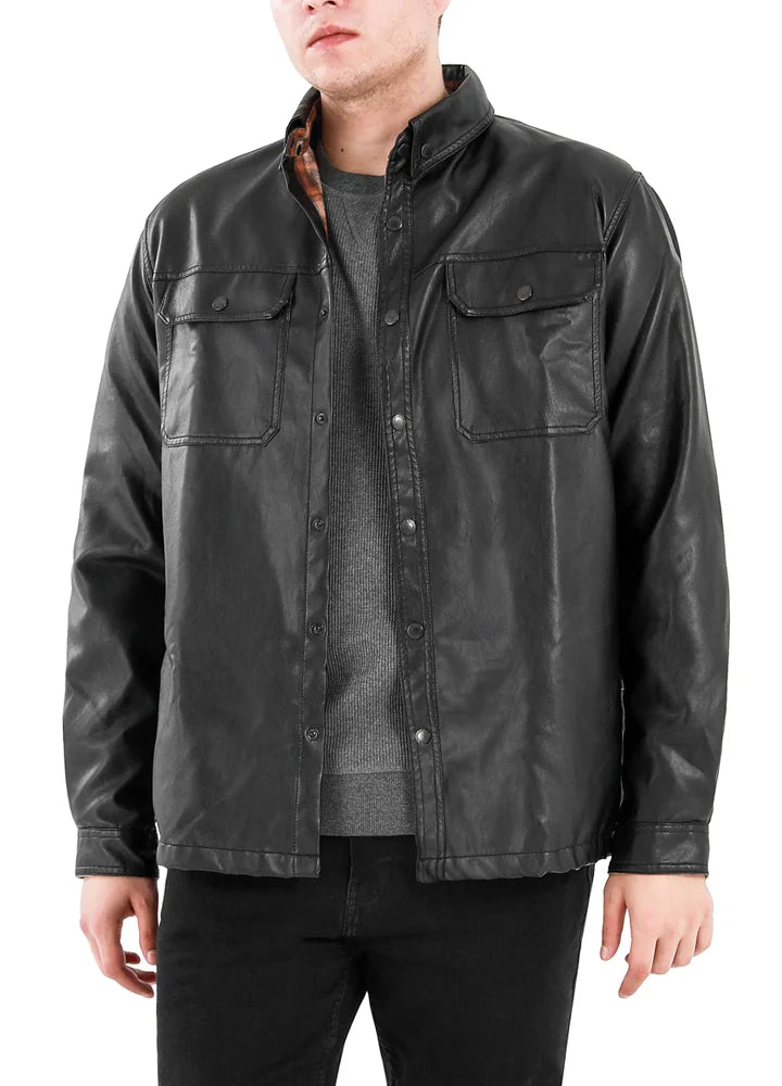 Men's Flannel Lined Faux Leather Shirt Jacket