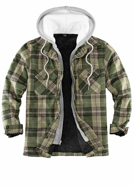 Front view of light green men's sherpa lined plaid flannel shacket 