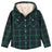 Front view of kids black watch plaid flannel shirt jacket buttoned