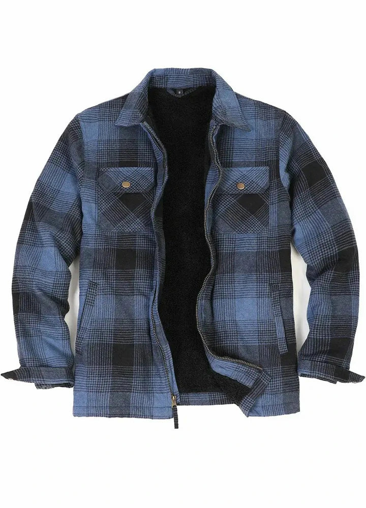Men s Warm Sherpa Fleece Lined Full Zip Up Plaid Flannel Shirt Jacket