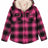 Front view of grils pink sherpa lined flannel shirt jacket