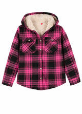 Front view of grils pink sherpa lined flannel shirt jacket