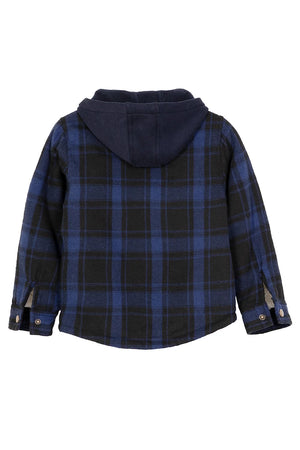 Back view of night blue toddler sherpa lined snap flannel plaid hoodie