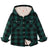 Front view of kids hooded sherpa lined shirt jacket for cold weather