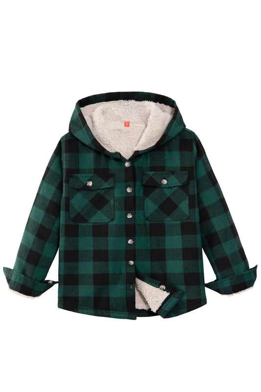 Kids Matching Family Green Hooded Plaid Flannel Shirt Jacket
