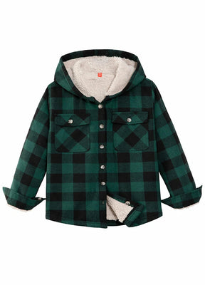 Front view of boys buffalo green hooded shirt jacket for cold weather