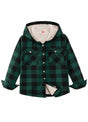 Front view of boys buffalo green hooded shirt jacket for cold weather