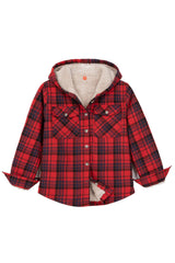 Front view of kids raspberry hooded flannel jacket