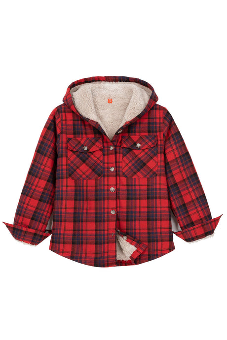 Front view of kids raspberry hooded flannel jacket