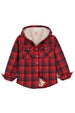 Front view of kids raspberry hooded flannel jacket
